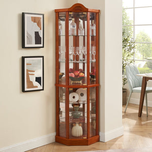 English Elm Lighted Corner Curio Cabinet With Adjustable Glass Shelves And Elegant Oak Finish For Home Or Office W1758P300135