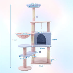 English Elm Flower Cat Tree Five Level Plush Climbing Tower with Condo Hammock and Sisal Posts W243P451163