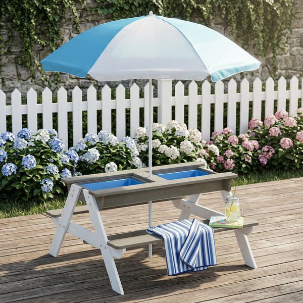 English Elm Wooden Cedar Kids Outdoor Picnic Activity Table with Shade Umbrella for Backyard Play D720094435