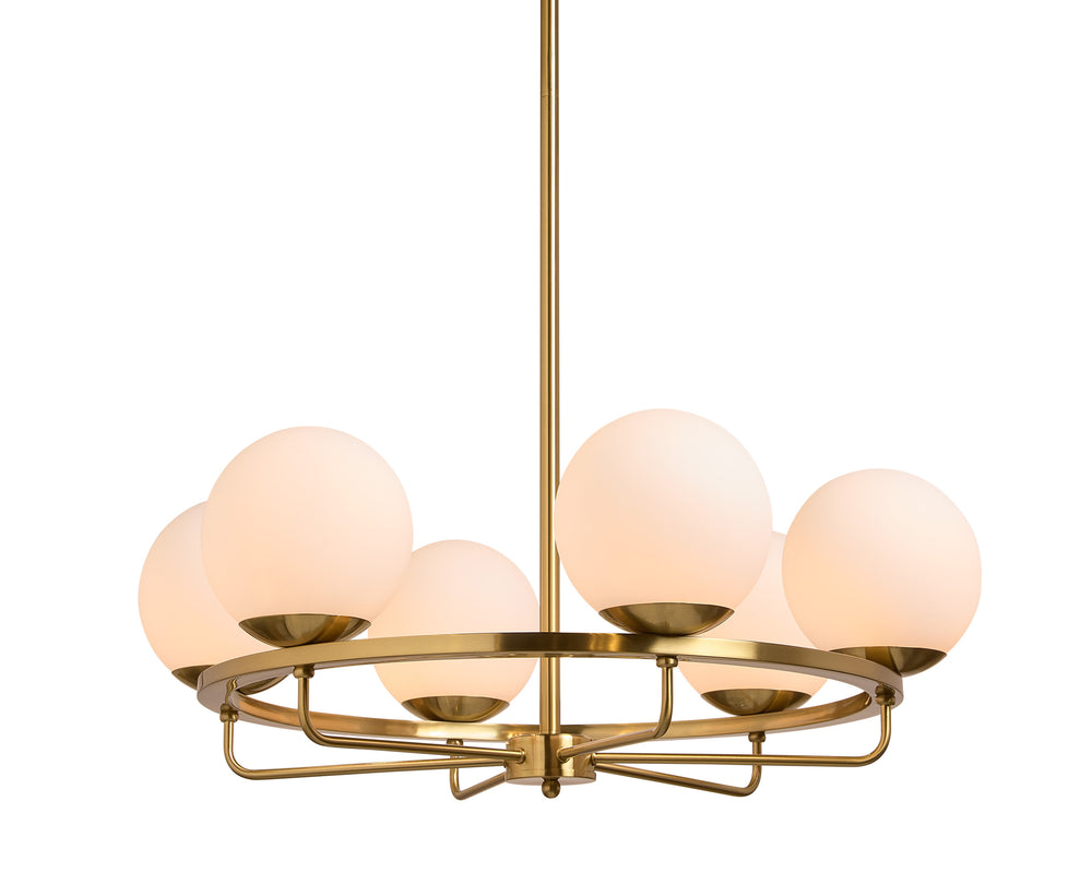 Sunpan Eliora Modern Chandelier with 6 Frosted Glass Shades in Elegant Brass Finish – Stylish Lighting Upgrade!