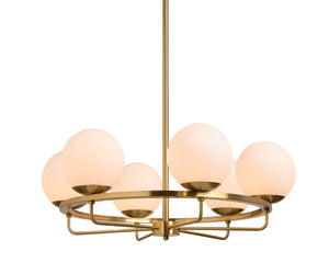 Sunpan Eliora Modern Chandelier with 6 Frosted Glass Shades in Elegant Brass Finish – Stylish Lighting Upgrade!