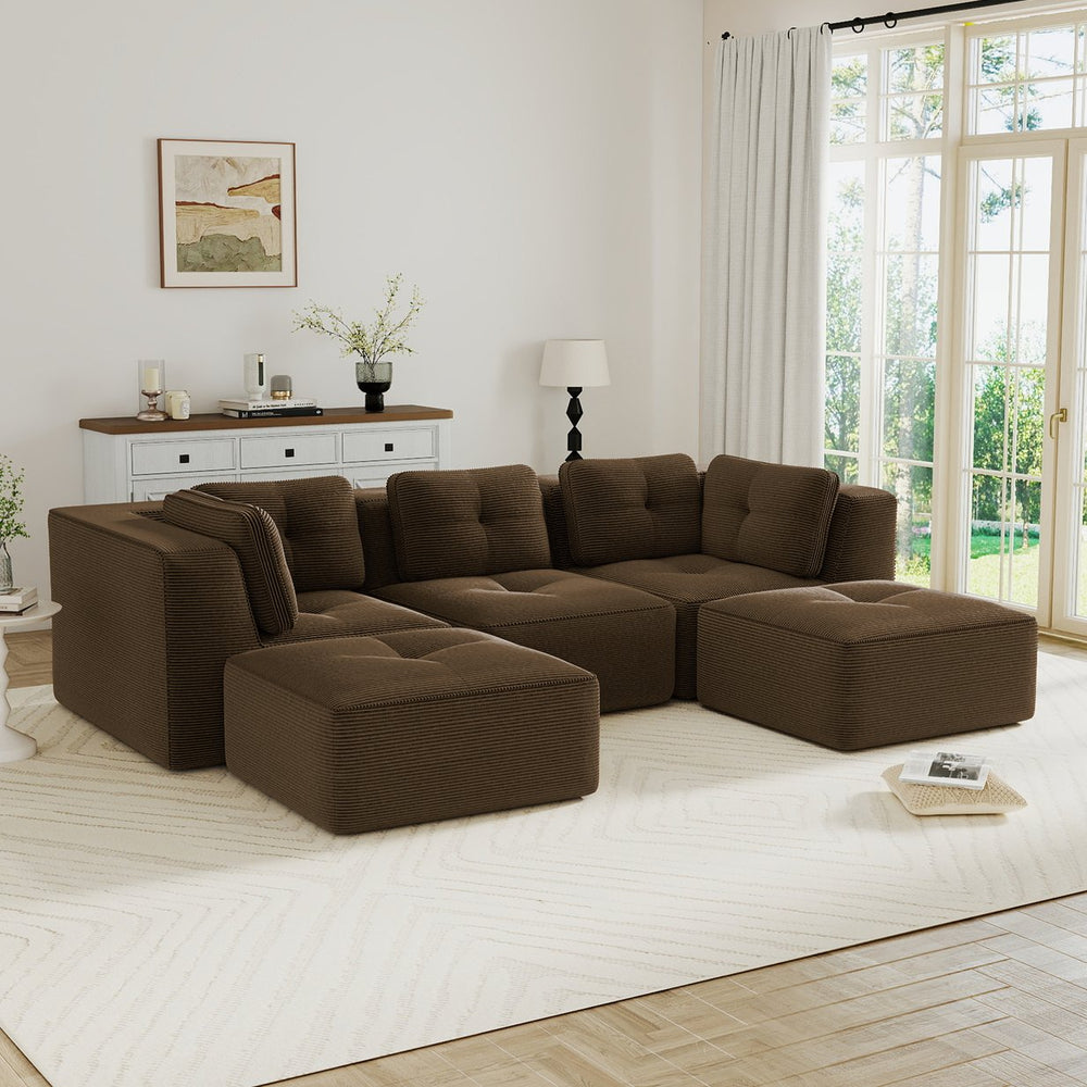 English Elm Modern Corduroy Sectional Sofa with Tufted Cushions Dual Ottomans and Deep Seating Brown W714S01809