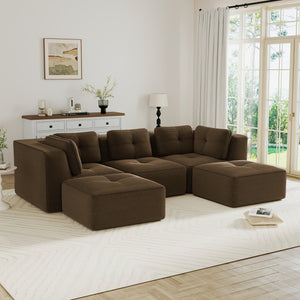 English Elm Modern Corduroy Sectional Sofa with Tufted Cushions Dual Ottomans and Deep Seating Brown W714S01809