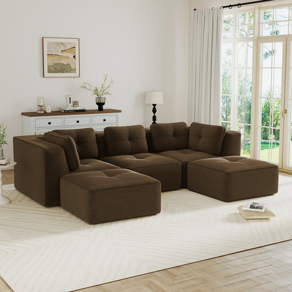 English Elm Modern Corduroy Sectional Sofa with Tufted Cushions Dual Ottomans and Deep Seating Brown W714S01809