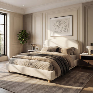 English Elm Queen Boucle Upholstered Bed Curved Foam Padded Headboard Solid Wood Legs Modern N757Q210312W-3