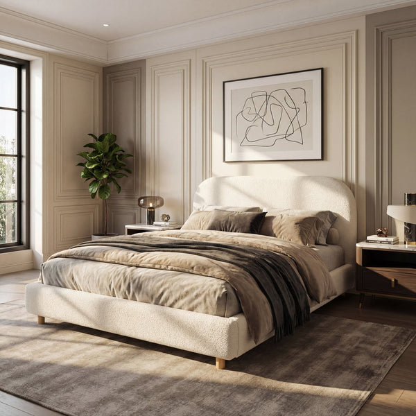English Elm Queen Boucle Upholstered Bed Curved Foam Padded Headboard Solid Wood Legs Modern N757Q210312W-3