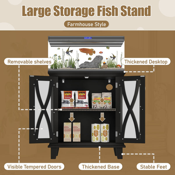 English Elm 20 Gallon Fish Tank Stand with Built-In Power Outlets & USB, Farmhouse Style Aquarium Cabinet with Adjustable Shelves and Heavy-Duty 298lb Tabletop Capacity Black N704P350196B