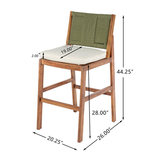English Elm Outdoor Acacia Wood Barstools Set of 2 Wicker Back Patio Seating with Cushions Cream,Green,Teak N773P358719G