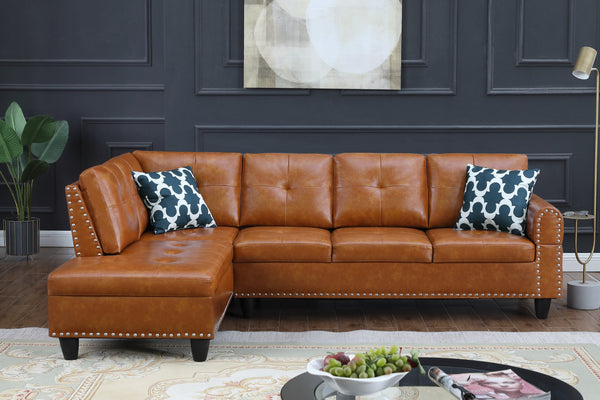 English Elm Black Faux Leather L Shaped Sectional with Cup Holders Nailhead Trim Storage Ginger B2730S00027