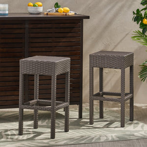 English Elm Outdoor Woven Rattan Backless Barstools Set of 2 Iron Frame Patio Counter Seating N772P368970D