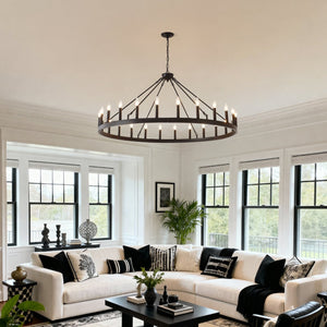 English Elm 53.15 Inch Matte Black 24 Light Wagon Wheel Chandelier for Farmhouse Dining Rooms W5008P392780