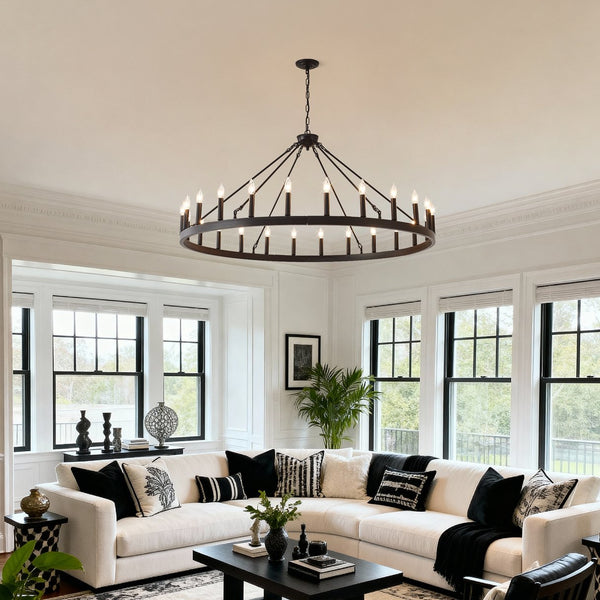 English Elm 53.15 Inch Matte Black 24 Light Wagon Wheel Chandelier for Farmhouse Dining Rooms W5008P392780