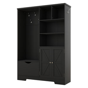 English Elm Multi-functional Entryway Hall Tree with Hooks Bench Drawer Cabinet in Matte Black W1307S00034