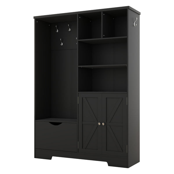 English Elm Multi-functional Entryway Hall Tree with Hooks Bench Drawer Cabinet in Matte Black W1307S00034