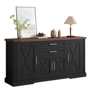 English Elm 63" Fluted Mdf Sideboard with Wood Tone Top Four Doors Three Drawers Dining Storage Black W2917S00012