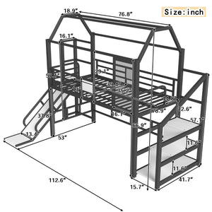 English Elm Twin House Loft Bed with Slide and Stairs, Metal Playhouse with Storage Shelves and Quiet Design Black W1580S00348