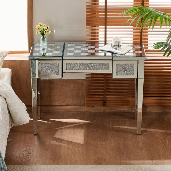 English Elm Mirrored Checkerboard Vanity Desk with Cushioned Diamond Inlay & Crystal Ball Handles, 45.5"L N844P304363S