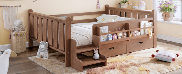 English Elm Twin Kids Platform Bed with Trundle Staircase Bookshelf and Rounded Safety Rails Natural W1580S00540