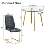 English Elm A Modern Minimalist Style Round Transparent Tempered Glass Table With Gold Metal Legs, Paired With 4 Modern Pu Leather High-Back Dining Chairs,Bringing A Luxurious Experience.