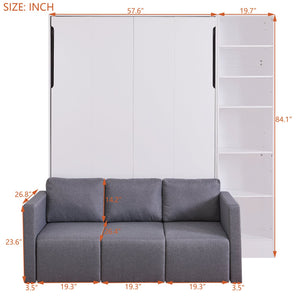 English Elm Full Size Murphy Wall Bed with Integrated Sofa Open Shelving White Cabinet Unit LP000795AAK