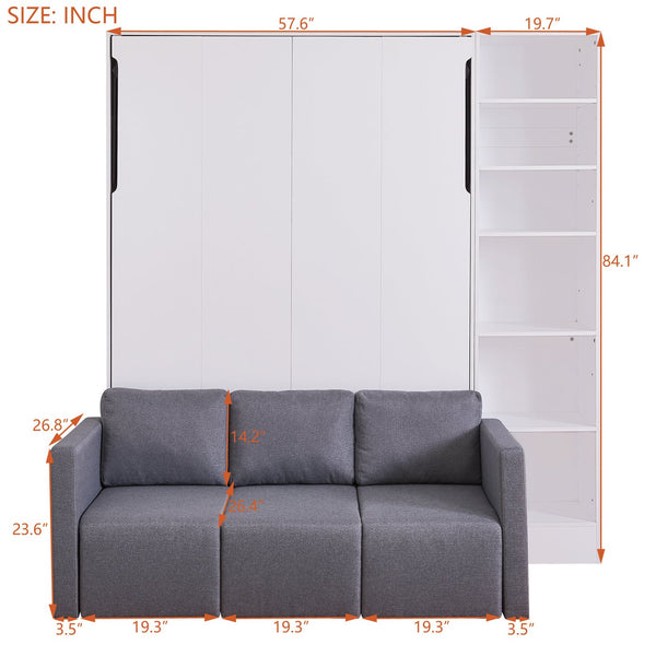 English Elm Full Size Murphy Wall Bed with Integrated Sofa Open Shelving White Cabinet Unit LP000795AAK