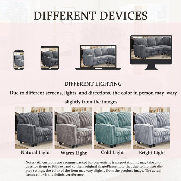 English Elm L-shaped Sectional Sleeper Sofa with Hidden Storage Usb Charging Corduroy Upholstery Grey W1998S00092
