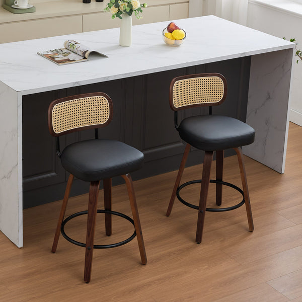 English Elm Set of 2 Swivel Counter Stools with Cane Back and Upholstered PU Seat, Walnut Wood, Ergonomic 360° Comfort Black W1143P300157