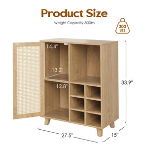 English Elm Rattan Cane Front Sideboard with Drawers Adjustable Shelf Bohemian Storage Cabinet Natural T3623P434759
