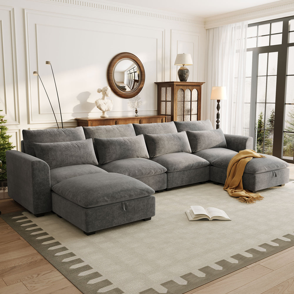 English Elm U_style Modular U-shaped Sectional Sofa Six Seat Linen Fabric with Storage Ottomans Gray WY000491AAE