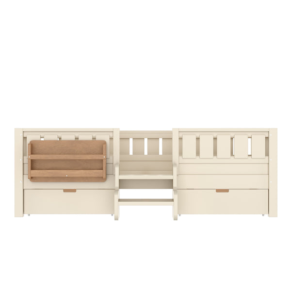 English Elm Twin Kids Storage Bed with Bookshelf Headboard Safety Staircase and Under Drawers Beige W1580P379183