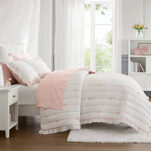 English Elm 3-piece Reversible Microfiber Quilt Set Bow Embroidery Ruffled Trim Romantic Bedroom Pink+White B035P482881