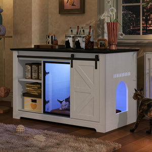 English Elm 46" Farmhouse Litter Box Enclosure with Barn Door Led Lighting and Storage Cabinet N704P402453K