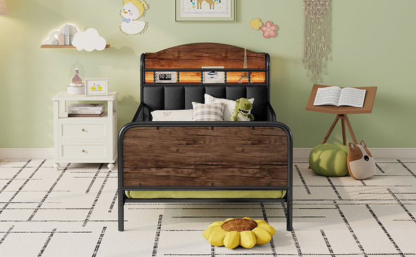 English Elm Twin Solid Wood Platform Bed with Guardrail for Kids, Low-Profile Sturdy Pine Frame, Safe Sleep Solution Black 43.7 L x 16.93 W x 9.65 H W2593P337436