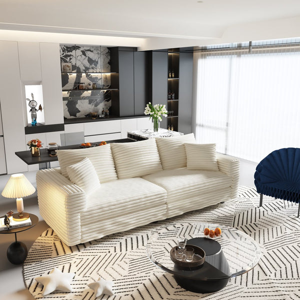 English Elm 82.7 Plush Corduroy 3-Seat Sofa – Modern Deep Seat Convertible Cloud Couch with Foam Pillows Beige+White W1885S00141