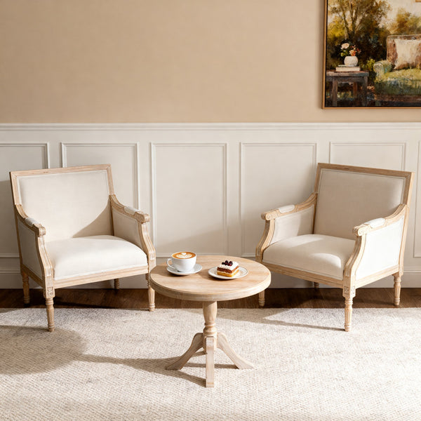 English Elm French Accent Chair Solid Wood Frame with Beige Linen Cushion Distressed Finish for Cozy Style W3426P385581