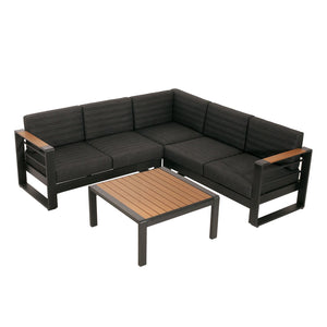 English Elm Christopher Knight Home® - Giovanna V Shaped Sofas - Black Aluminum Outdoor Conversation Set with Water-Repellent Cushions, Slat Design, Coffee Table Included GIOVANNA-4PCS