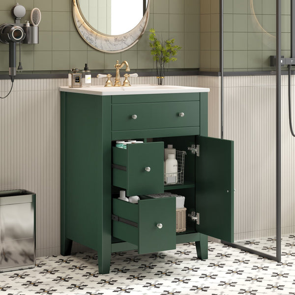 English Elm 24" Modern Bathroom Vanity with Ceramic Basin, French Country Cross-Grid Design & Soft-Close Drawers Green N710P280655F
