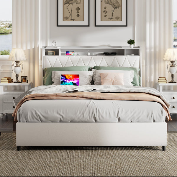 English Elm Queen Ergonomic Headboard Bed Frame with Built-In Charger & Outlets, Metal Platform with Shelf White W3107P262758
