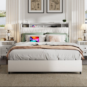 English Elm Queen Metal Platform Bed with Ergonomic Headboard Built in Outlets and Storage Shelf W3107S00002
