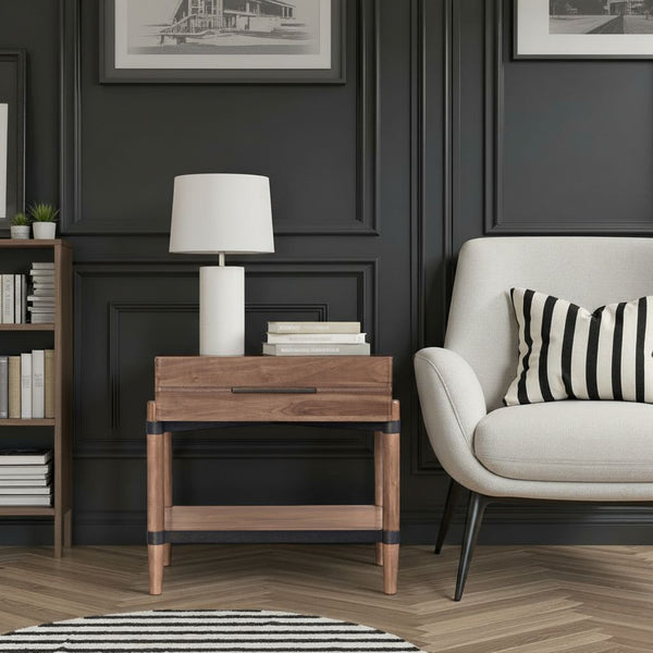English Elm Tranquilty Mid-century Walnut Veneer Nightstand Open Shelf Tapered Legs Bedroom Storage B108P411445