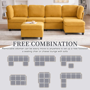 English Elm UNITED Modular 6-Seat Sectional Sofa with Removable Ottoman, Storage Compartments, Convertible Comfort Mustard yellow W1568S00247