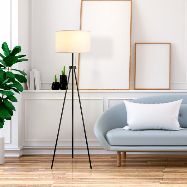 English Elm HOMCOM Tripod Floor Lamp 59.75" with Pull Chain, Black Fabric Shade, E26 Socket, Stable Steel Design W2225P217293