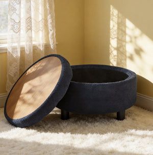English Elm 25 Inch Round Fabric Pouf Ottoman with Removable Wooden Lid and Hidden Interior Storage Black W5568P461346