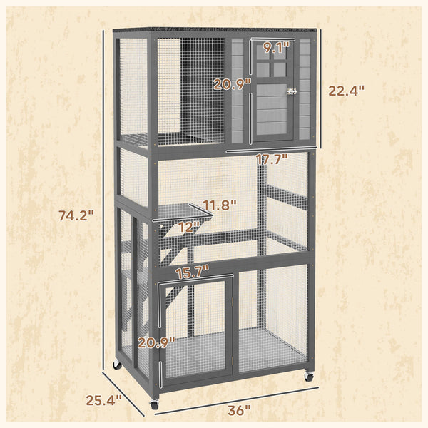 English Elm Pawhut Weatherproof Wooden Catio Outdoor Cat Enclosure with Wheels Multi-level Design W2225P229469