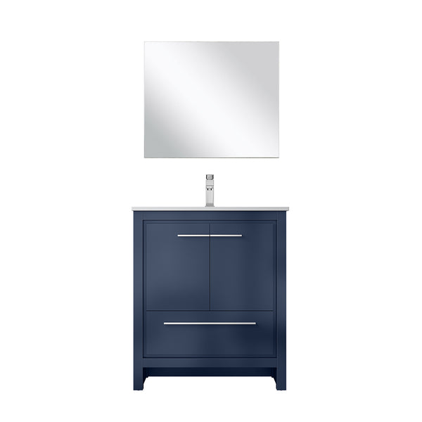 English Elm Navy Blue Bath Vanity Set With White Quartz Top, Chrome Faucet & Matching Mirror For Modern Spaces B2731S02043
