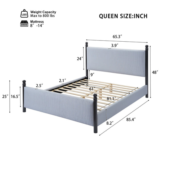 English Elm 48-inch Rubberwood Upholstered Queen Bed Vintage Sphere Post Padded Headboard N769P364057B