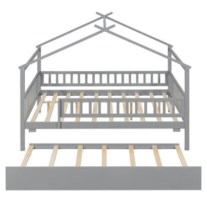 English Elm Full Size Pine House Bed with Roofline Frame and Roll Out Twin Trundle for Kids Gray LP100306AAE