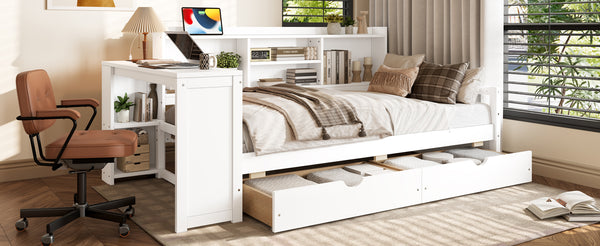 English Elm Twin Corner Daybed Pine Frame Built in Desk Bookcase Drawers Charging Kids Room White W697S00041