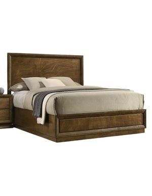 English Elm Strong Walnut Panel Bed Full Size Carved Headboard Transitional Rubberwood Bedroom Frame B2741S00214