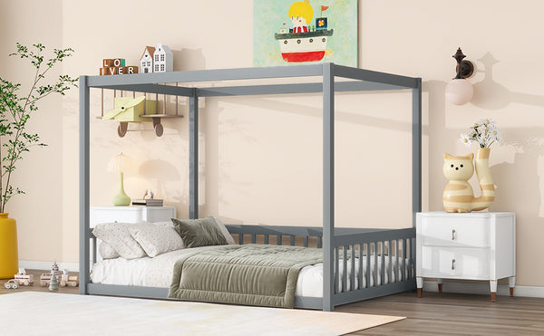 English Elm Full Size Canopy Floor Bed With Guardrails - Sturdy Rubberwood Frame In Soft Grey Finish W504P345754
